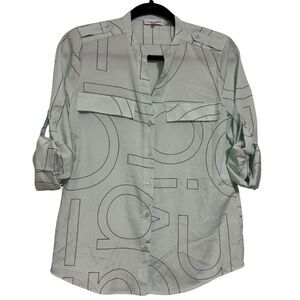 CALVIN KLEIN Printed Logo Long Sleeve Button Down Blouse Mint Green Black NWT XS